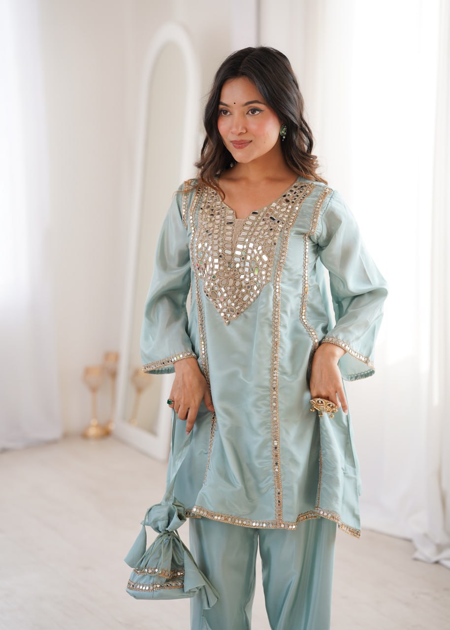Festive Wear Sky Blue Color Real Mirror Embroidered Kurti Set