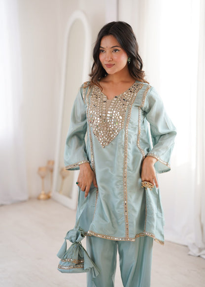 Festive Wear Sky Blue Color Real Mirror Embroidered Kurti Set