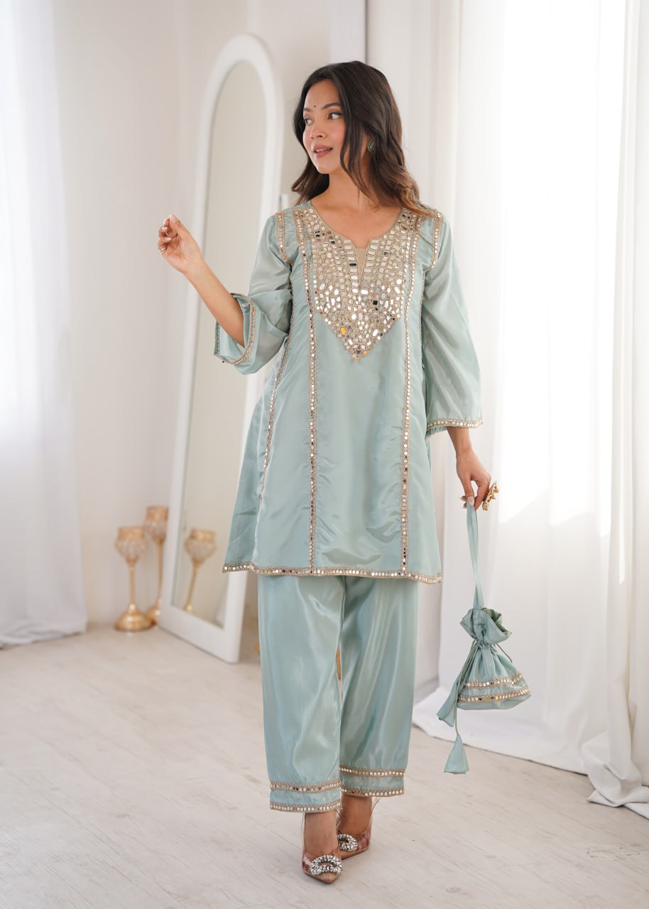 Festive Wear Sky Blue Color Real Mirror Embroidered Kurti Set