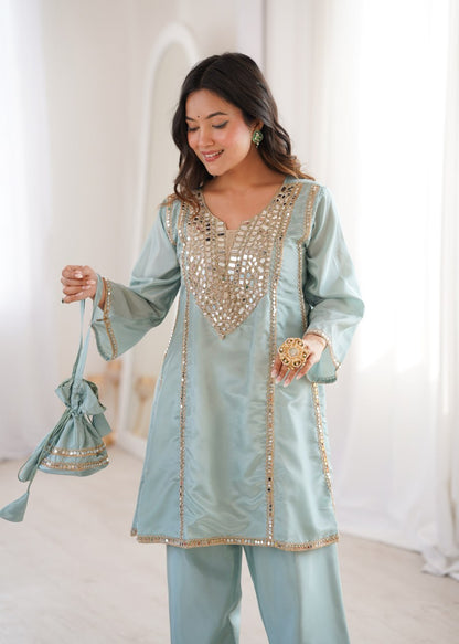 Festive Wear Sky Blue Color Real Mirror Embroidered Kurti Set