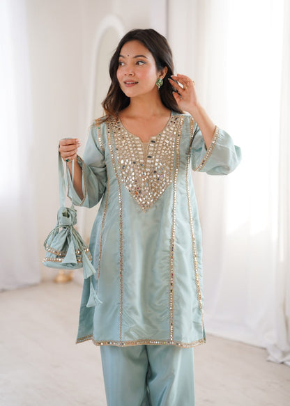 Festive Wear Sky Blue Color Real Mirror Embroidered Kurti Set