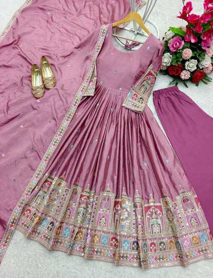 Bollywood Style Dusty Pink Color Pure Cinon Silk With Heavy Embroidery Sequence Work Anarkali Gown