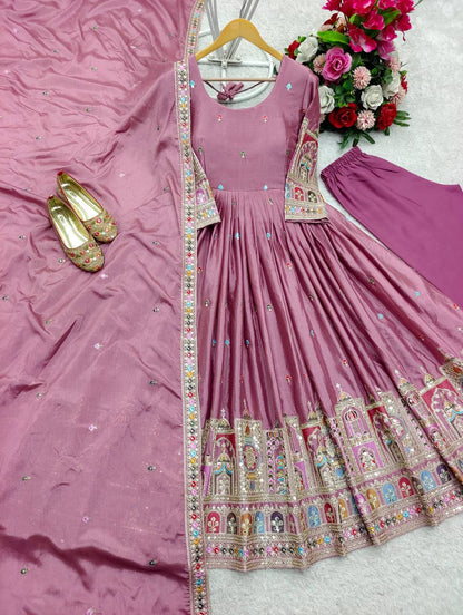 Bollywood Style Dusty Pink Color Pure Cinon Silk With Heavy Embroidery Sequence Work Anarkali Gown