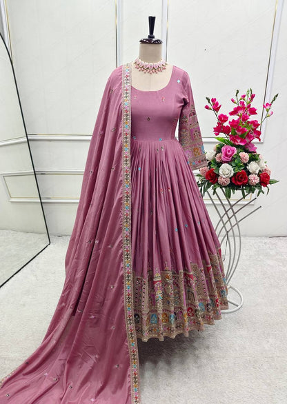 Bollywood Style Dusty Pink Color Pure Cinon Silk With Heavy Embroidery Sequence Work Anarkali Gown