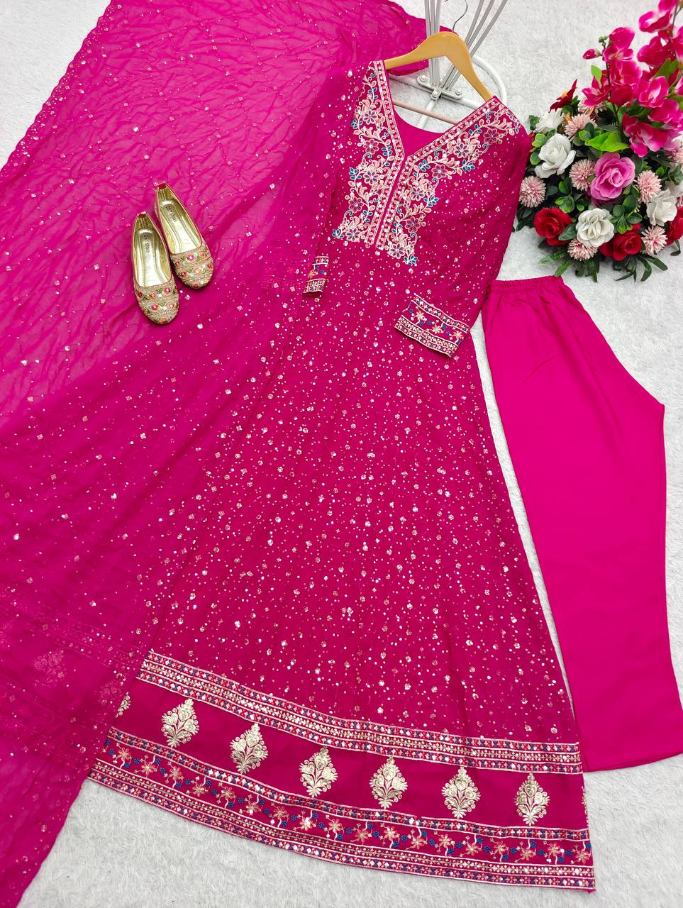 Designer Pink Color Pure Georgette With Heavy Embroidery Sequence Work Designer Gown