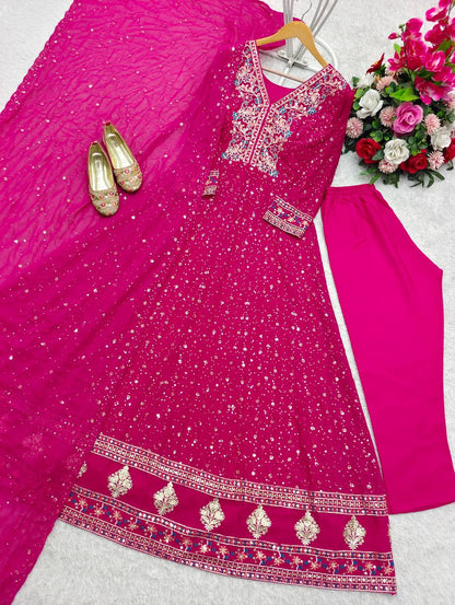 Designer Pink Color Pure Georgette With Heavy Embroidery Sequence Work Designer Gown