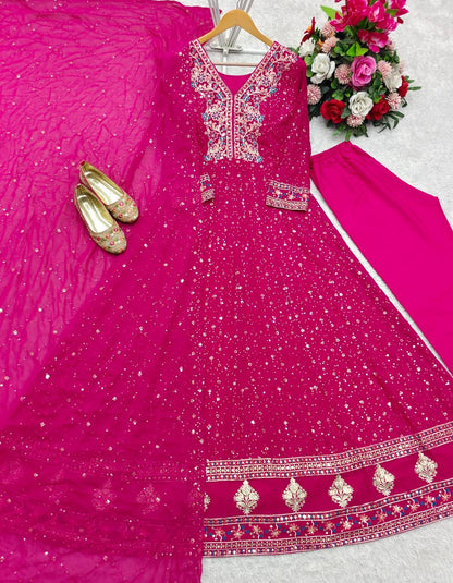 Designer Pink Color Pure Georgette With Heavy Embroidery Sequence Work Designer Gown