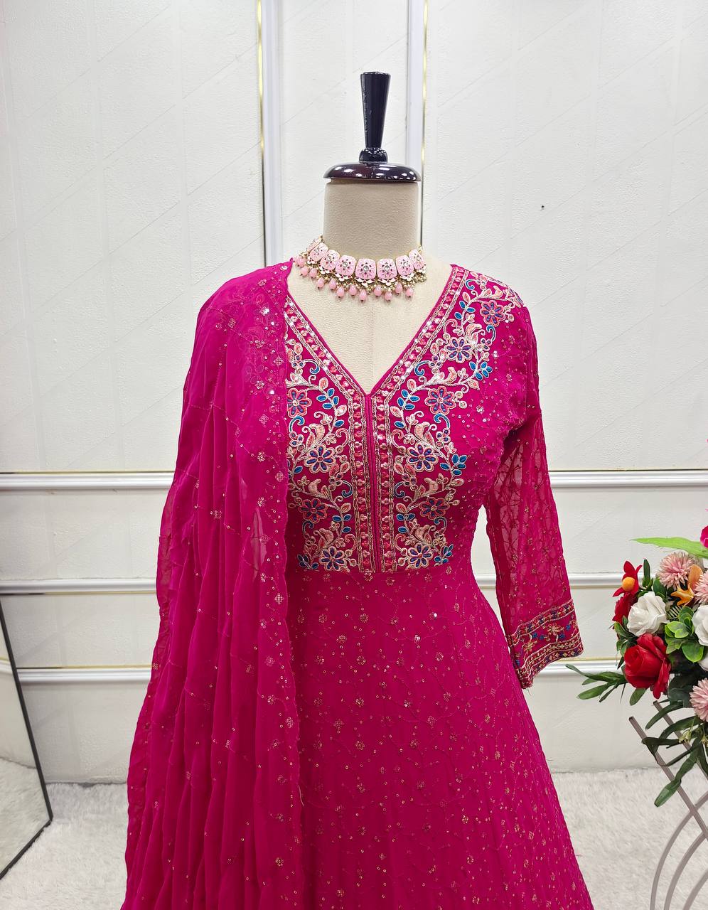 Designer Pink Color Pure Georgette With Heavy Embroidery Sequence Work Designer Gown