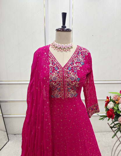 Designer Pink Color Pure Georgette With Heavy Embroidery Sequence Work Designer Gown