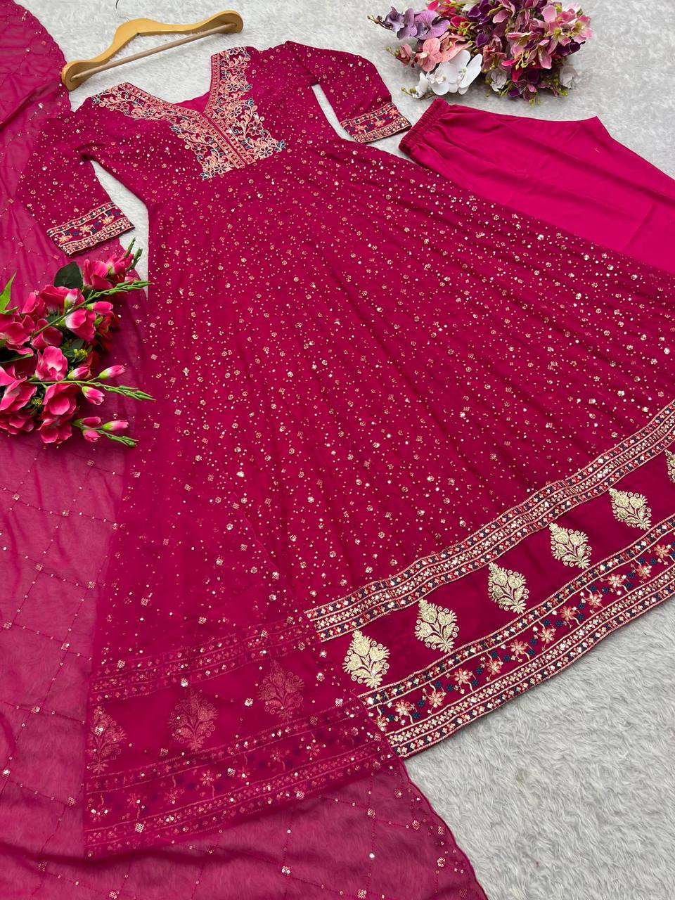Designer Pink Color Pure Georgette With Heavy Embroidery Sequence Work Designer Gown