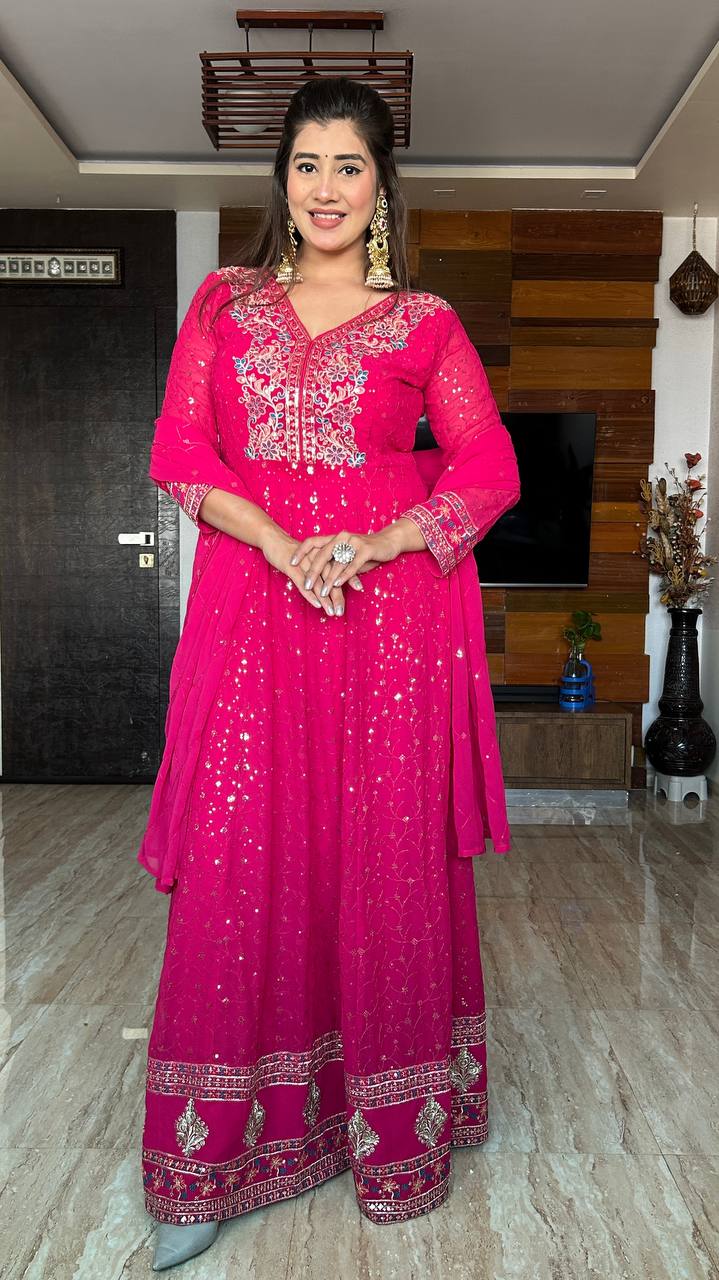 Designer Pink Color Pure Georgette With Heavy Embroidery Sequence Work Designer Gown