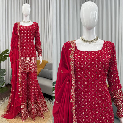 Ready To Wear Red Color Faux Georgette Sharara Set