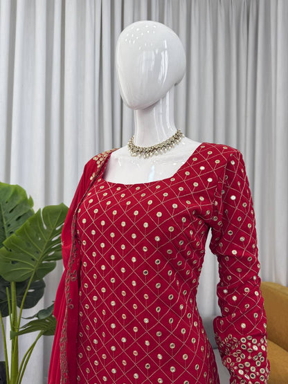 Ready To Wear Red Color Faux Georgette Sharara Set