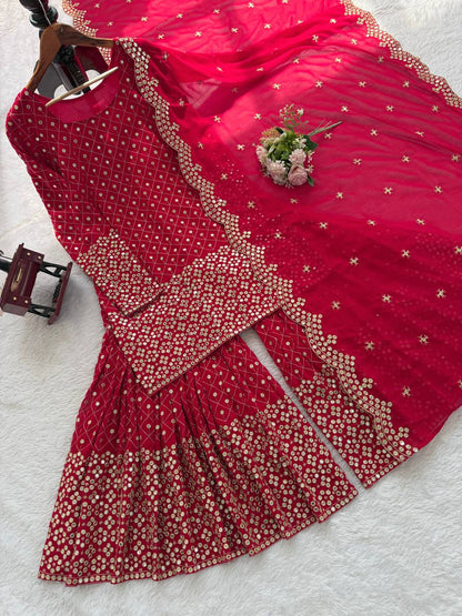 Ready To Wear Red Color Faux Georgette Sharara Set