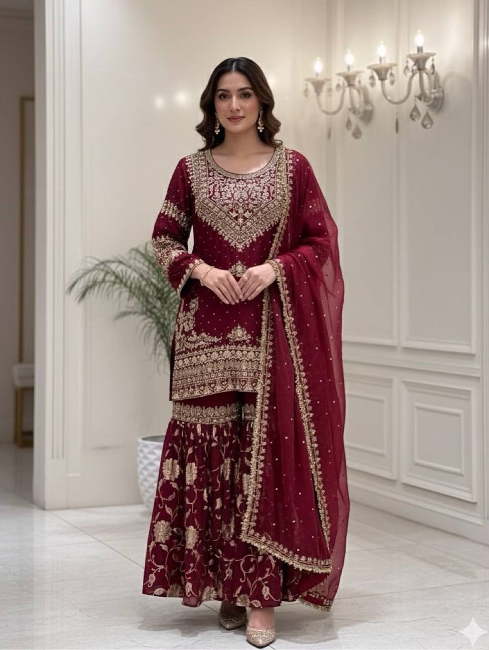 Beautiful Maroon Heavy Georgette Embroidered Sharara Suit Set