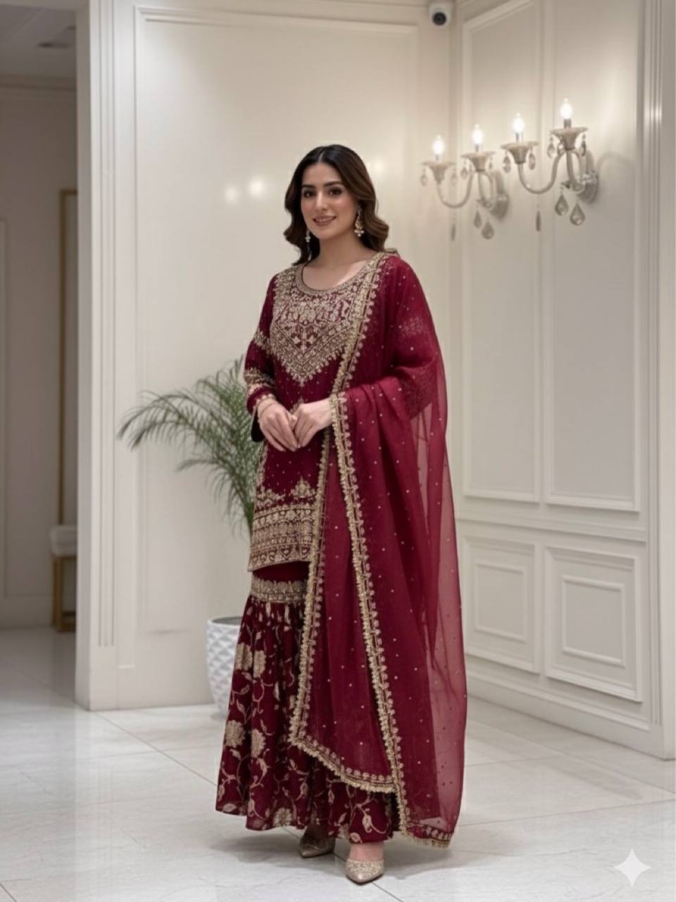 Beautiful Maroon Heavy Georgette Embroidered Sharara Suit Set