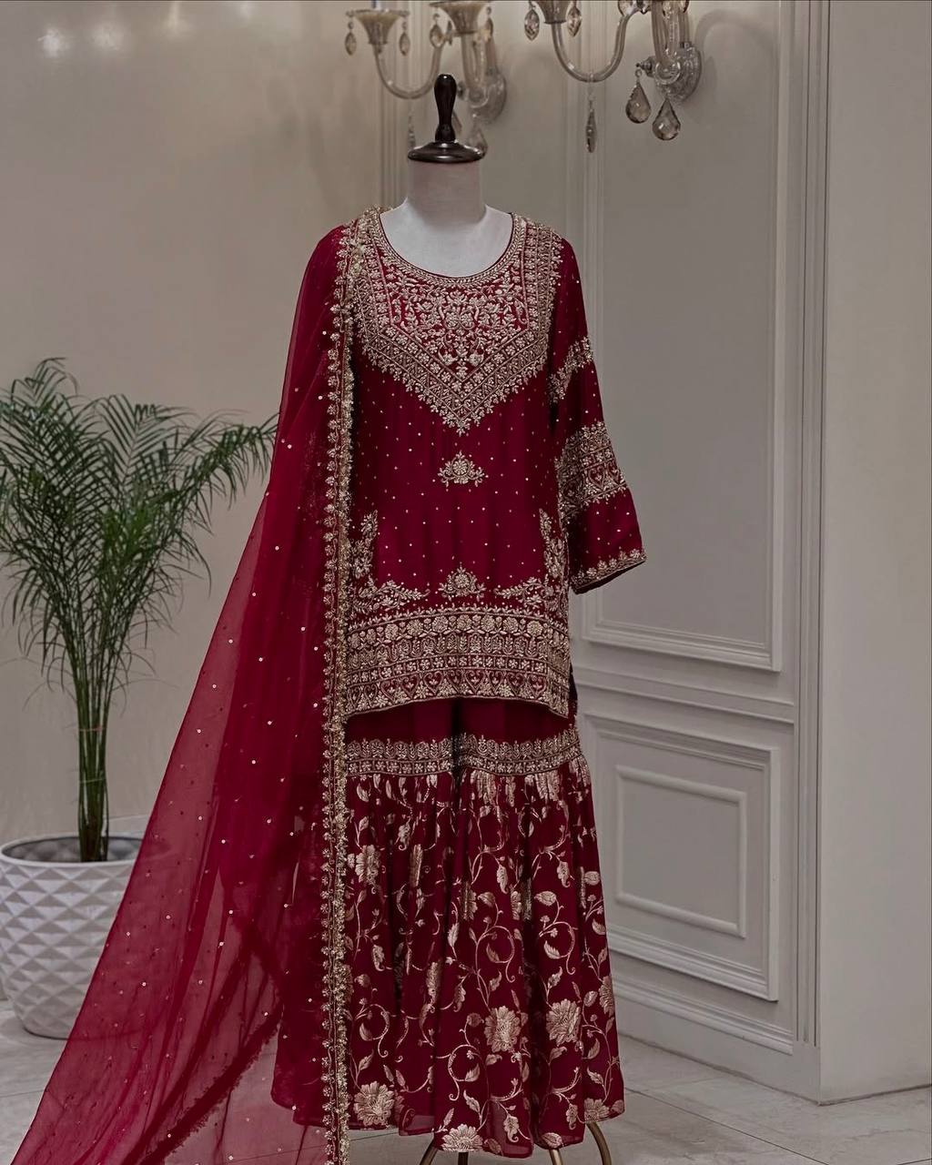Beautiful Maroon Heavy Georgette Embroidered Sharara Suit Set