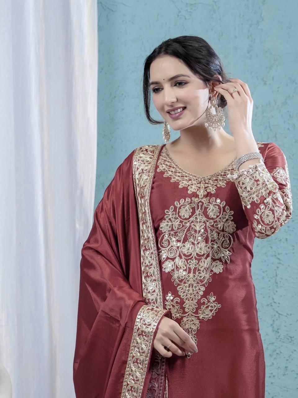 Party Wear Brown Color Pure Chinon Silk With Heavy Embroidery Coding Sequence Work Salwar Suit