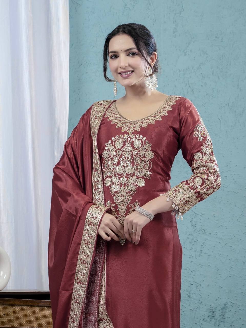 Party Wear Brown Color Pure Chinon Silk With Heavy Embroidery Coding Sequence Work Salwar Suit