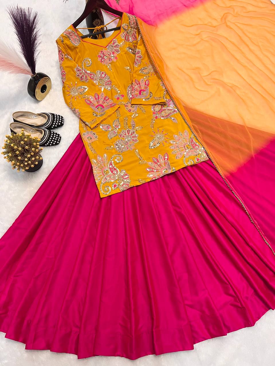Festive Wear Yellow And Pink Color Natural Crepe Silk With Sequence Embroidery Work Lehenga Suit