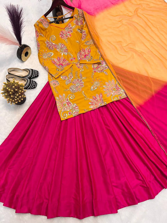 Festive Wear Yellow And Pink Color Natural Crepe Silk With Sequence Embroidery Work Lehenga Suit