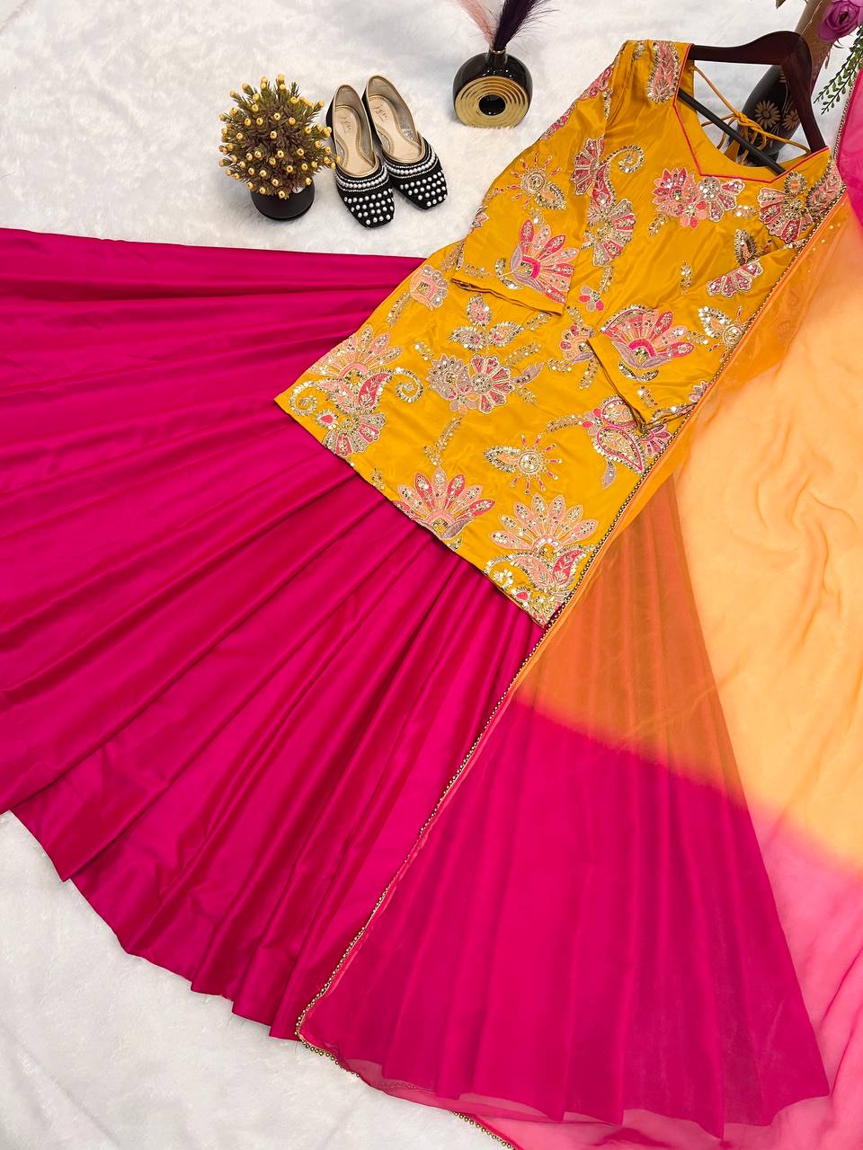 Festive Wear Yellow And Pink Color Natural Crepe Silk With Sequence Embroidery Work Lehenga Suit