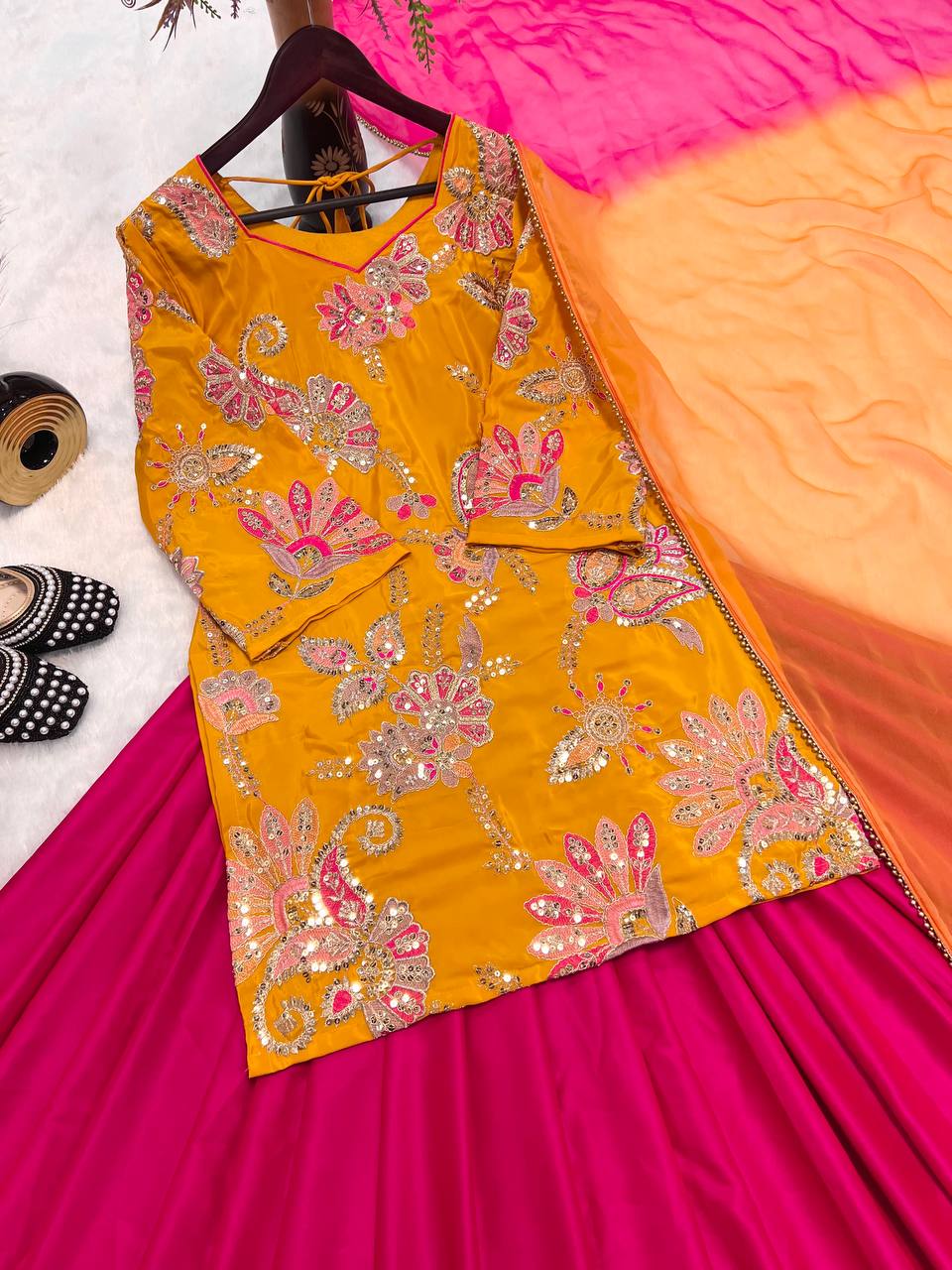 Festive Wear Yellow And Pink Color Natural Crepe Silk With Sequence Embroidery Work Lehenga Suit