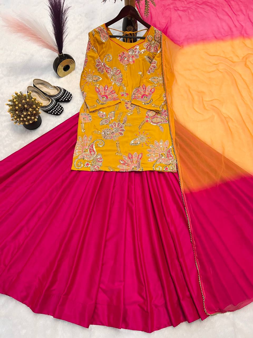 Festive Wear Yellow And Pink Color Natural Crepe Silk With Sequence Embroidery Work Lehenga Suit