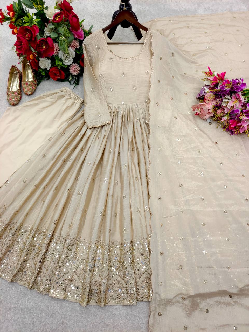 Fantastic Off White Color Sequence Embroidered Anarkali Gown With Dupatta