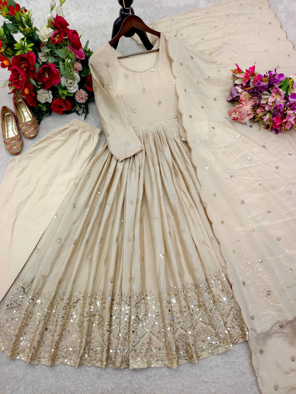 Fantastic Off White Color Sequence Embroidered Anarkali Gown With Dupatta
