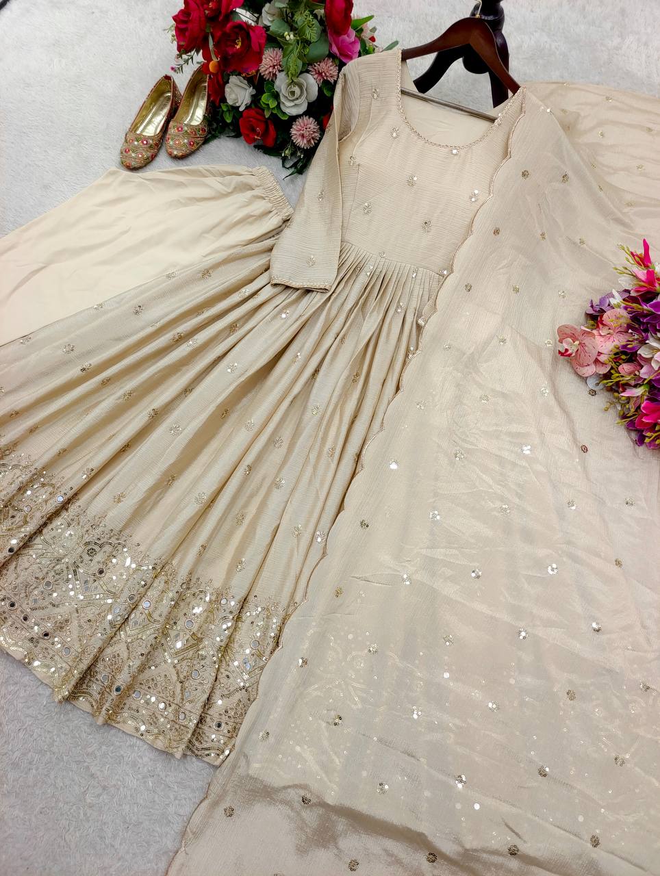 Fantastic Off White Color Sequence Embroidered Anarkali Gown With Dupatta