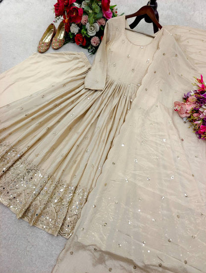 Fantastic Off White Color Sequence Embroidered Anarkali Gown With Dupatta