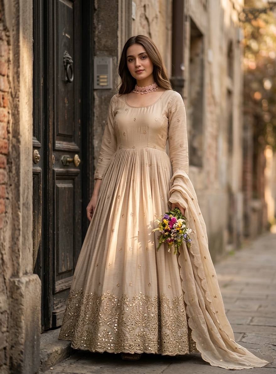 Party Wear Beige Color Sequence Embroidered Anarkali Gown With Dupatta