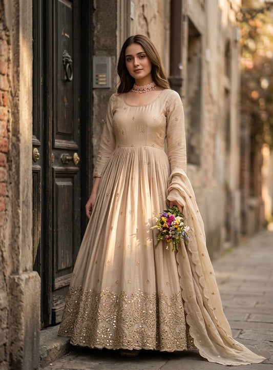 Party Wear Beige Color Sequence Embroidered Anarkali Gown With Dupatta