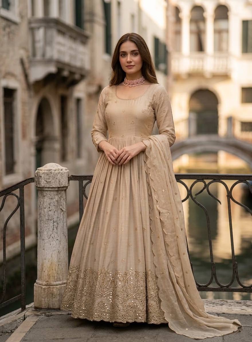 Party Wear Beige Color Sequence Embroidered Anarkali Gown With Dupatta