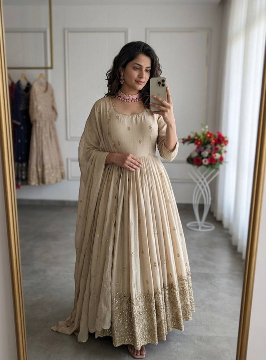 Fantastic Off White Color Sequence Embroidered Anarkali Gown With Dupatta