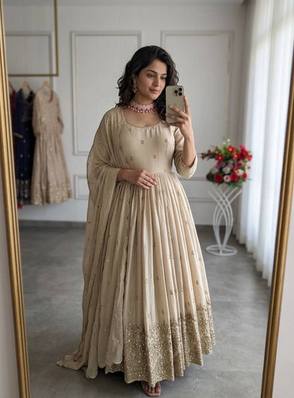 Fantastic Off White Color Sequence Embroidered Anarkali Gown With Dupatta