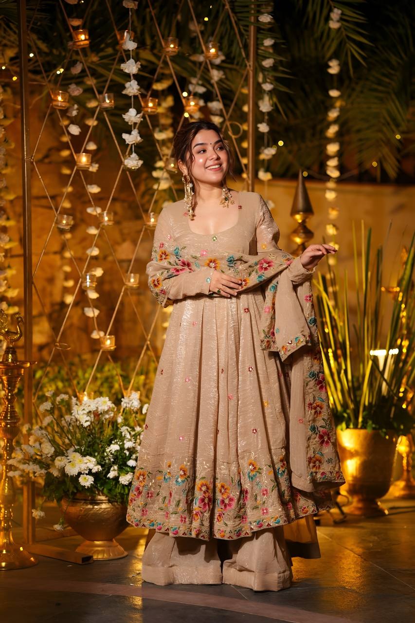 Neha's Wear Beige Color Embroidered Gown With Sharara And Dupatta