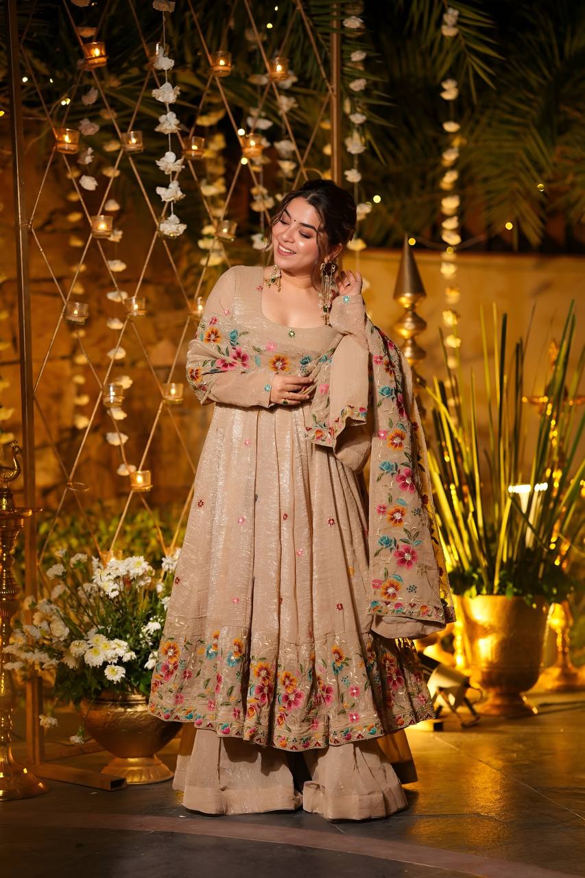 Neha's Wear Beige Color Embroidered Gown With Sharara And Dupatta