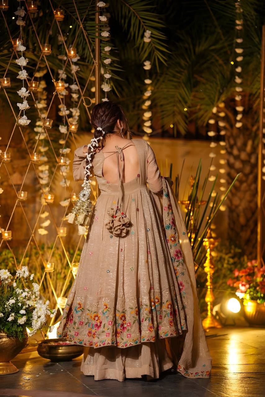 Neha's Wear Beige Color Embroidered Gown With Sharara And Dupatta