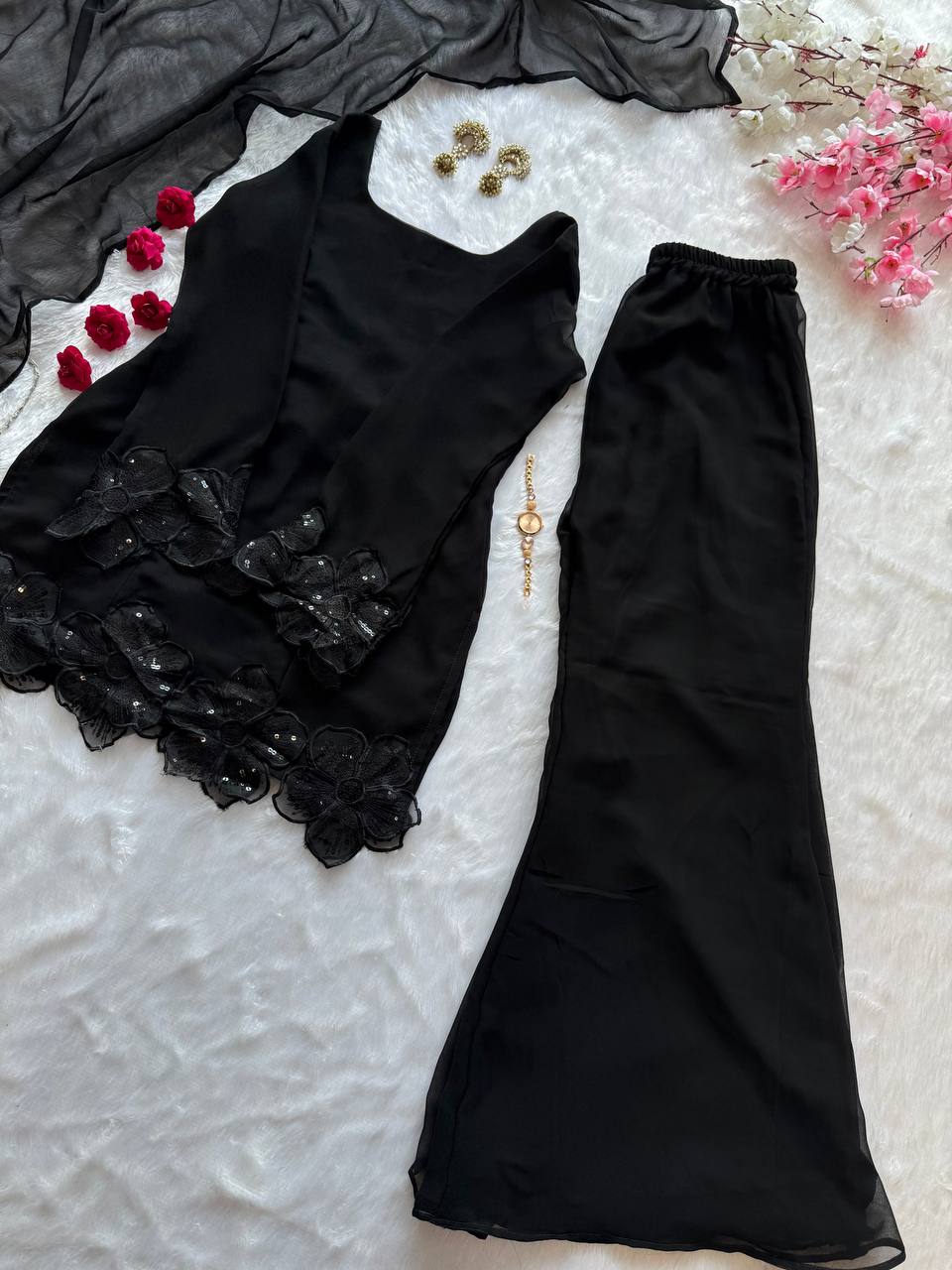 Party Wear Black Color Embroidered Patch Work Designer Palazzo Set