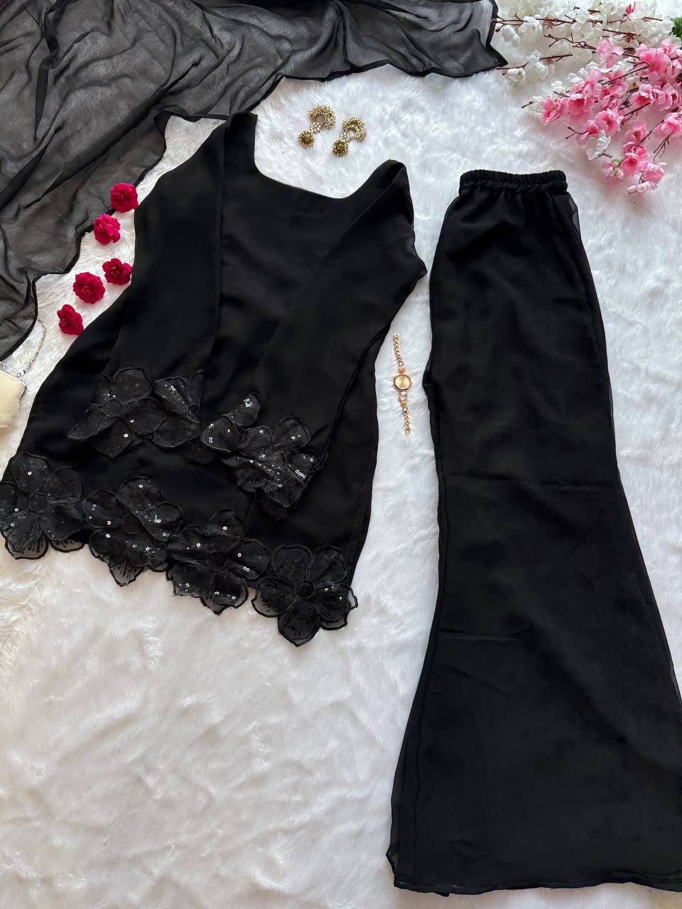 Party Wear Black Color Embroidered Patch Work Designer Palazzo Set