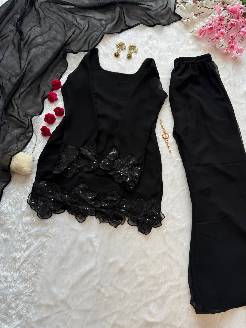Party Wear Black Color Embroidered Patch Work Designer Palazzo Set