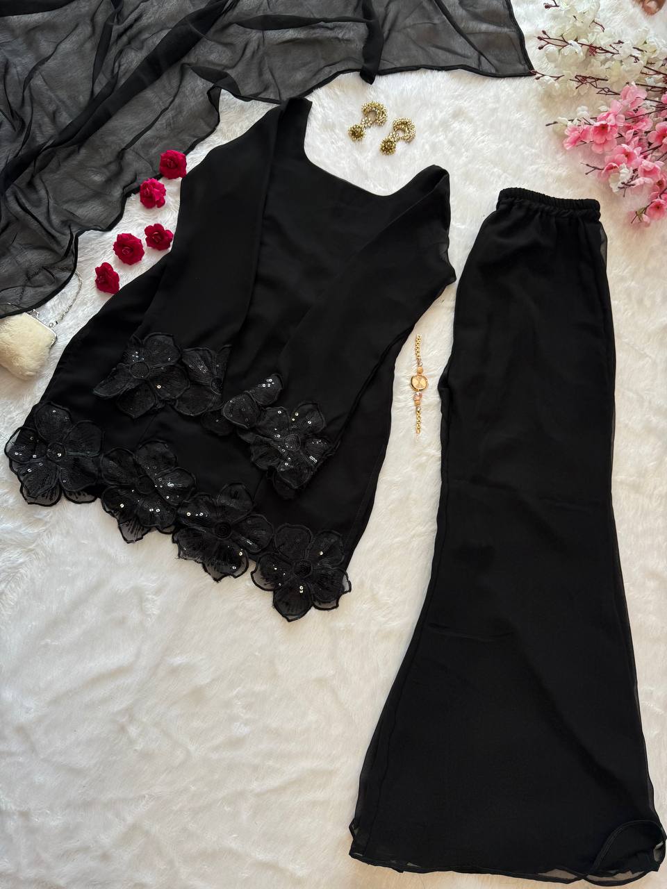 Party Wear Black Color Embroidered Patch Work Designer Palazzo Set