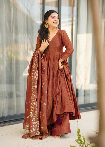 Designer Party Wear Rust Color Heavy Fandy Silk Gown With Embroidery Sequence Work Dupatta