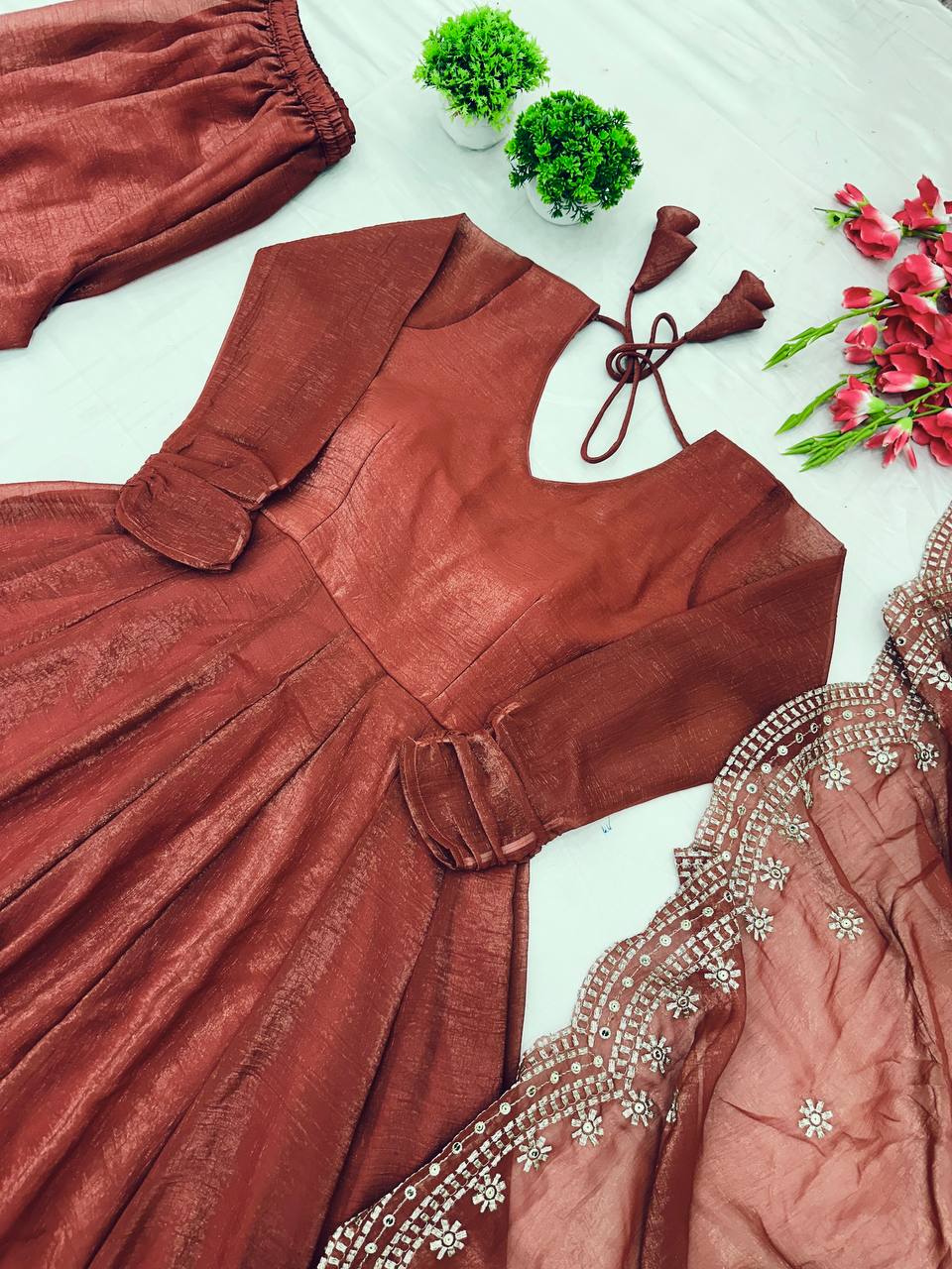 Designer Party Wear Rust Color Heavy Fandy Silk Gown With Embroidery Sequence Work Dupatta