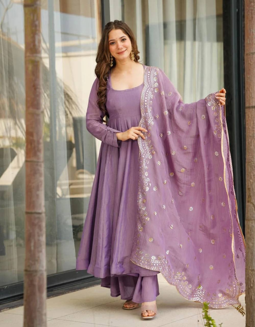Designer Party Wear Lavender Color Heavy Fandy Silk Gown With Embroidery Sequence Work Dupatta