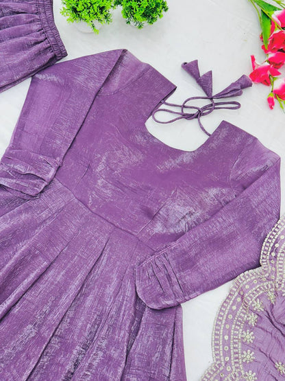 Designer Party Wear Lavender Color Heavy Fandy Silk Gown With Embroidery Sequence Work Dupatta