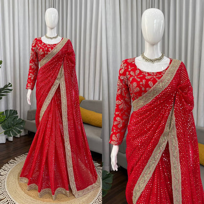Festive Wear Red Color Georgette Sequence Designer Saree