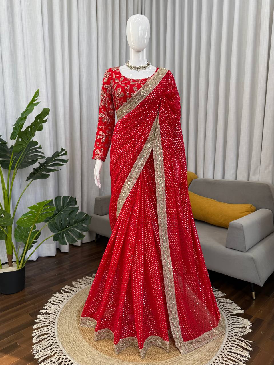 Festive Wear Red Color Georgette Sequence Designer Saree